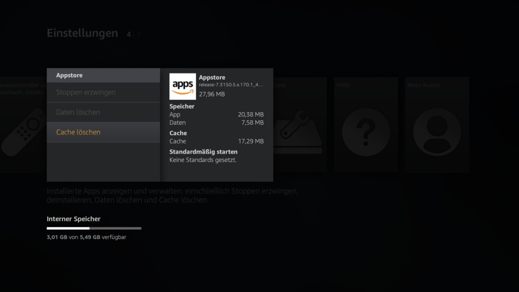 Amazon Appstore Cache löschen, damit Kodi wieder auf der Startseite des Amazon Fire TVs zu finden ist