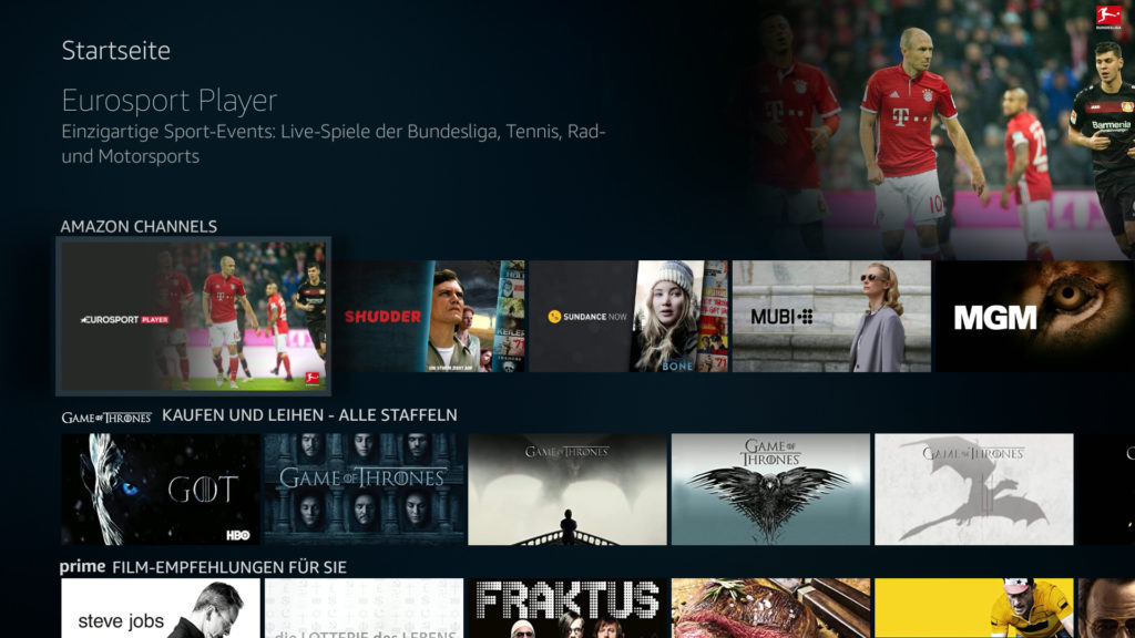Eurosport Player lückenlos in die Fire TV Oberfläche integriert