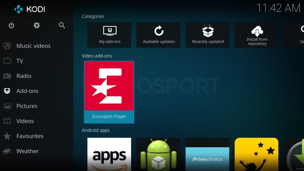 Eurosport Player Video add-on öffnen, indem Ihr im Kodi Hauptmenü auf Add-ons und dann im Bereich Video add-ons auf den entsprechenden Eintrag klickt