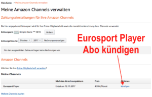 Eurosport Player Abo als Amazon Channel bei Amazon kündigen