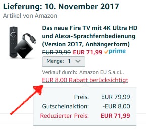 Der 8€ Cyber Monday Gutschein wird automatisch Eurer Bestellung gutgeschrieben - das Fire TV 3 würde dann bspw. nur 71,99€ kosten