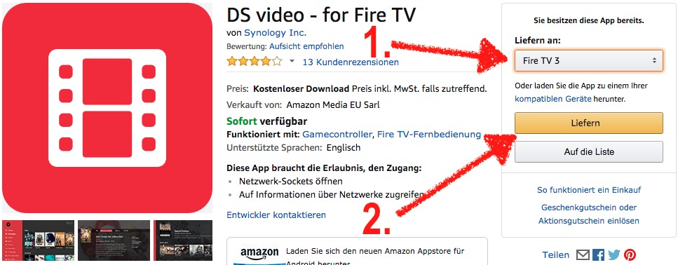 Um DS Video oder DS Photo auf dem Fire TV zu installieren, geht Ihr am besten auf die Amazon Webseite, wählt Euer Fire TV aus und klickt auf Liefern