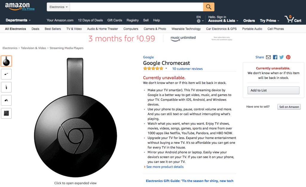Die Produktdetailseite vom Google Chromecast seit gestern wieder auf Amazon.com abrufbar - Vorbestellen geht noch nicht.