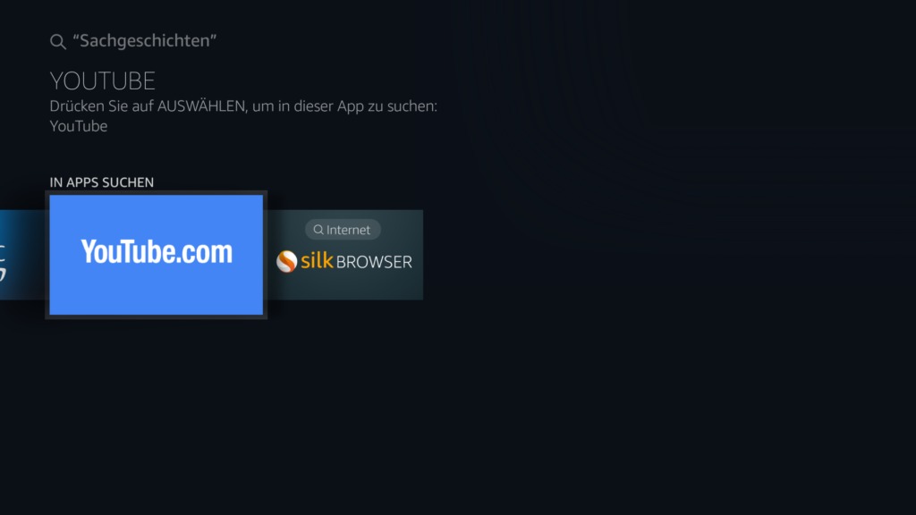 Und man erhält die Option "In Apps suchen". Wählt man dort einfach den YouTube-Eintrag aus