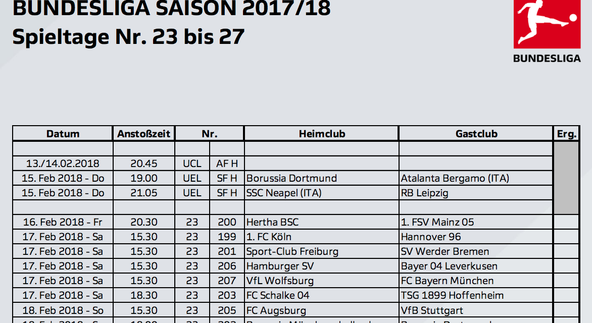 Bundesliga Spieltage 23. bis 27. terminiert: 9 Spiele in 5 Wochen im Eurosport Player – erstmals auch Montags-Spiele
