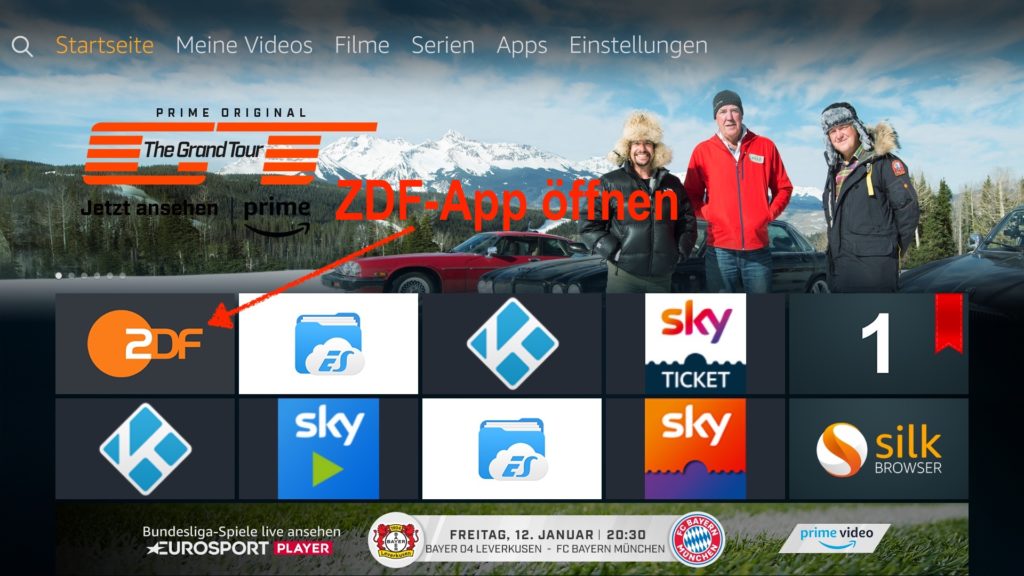 Die ZDFmediathek-App erscheint nach ein paar Sekunden ganz links im Aktuell-Bereich auf der Fire TV Startseite