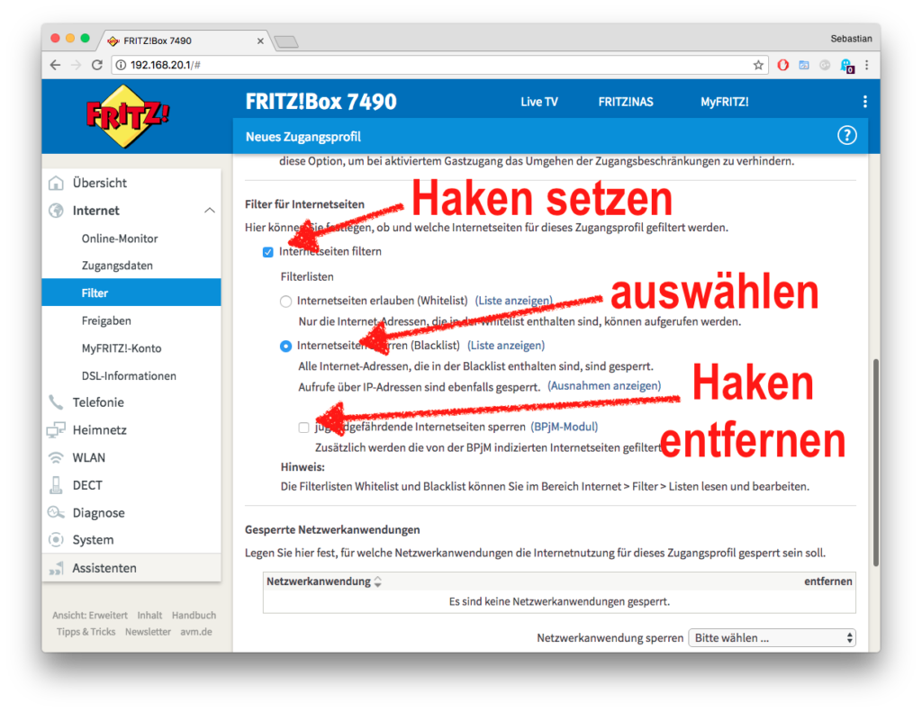 Beim Fritz!Box-Zugangsprofil den Punkt Internetseiten Filtern setzen wie hier gezeigt