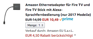 Offizieller Fire TV LAN-Adapter für 10,49€ dank Gutscheincode (nur für Stick 2 & Fire TV 3) Offizieller LAN-Adapter heute für Fire TV 3 & Fire TV Stick 2 für 10,49 Euro zu haben.