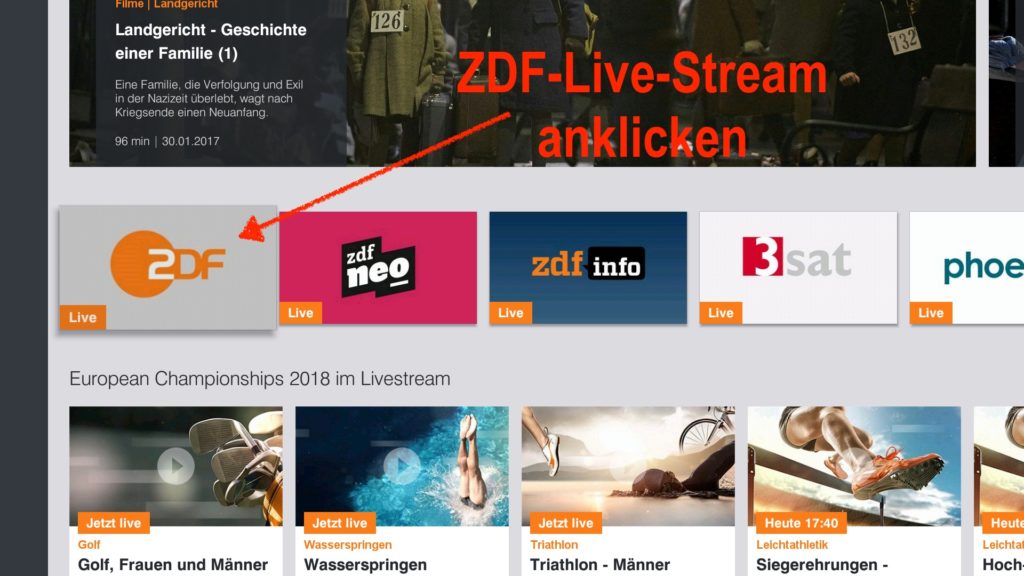 Auf der Startseite geht Ihr dann einmal nach unten und bestätigt durch Klicken auf das ZDF-Live Symbol