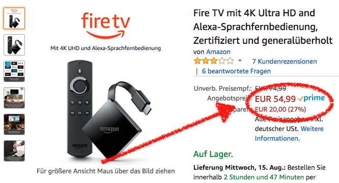 Deal: Fire TV 3 generalüberholt für 55€ bei Amazon