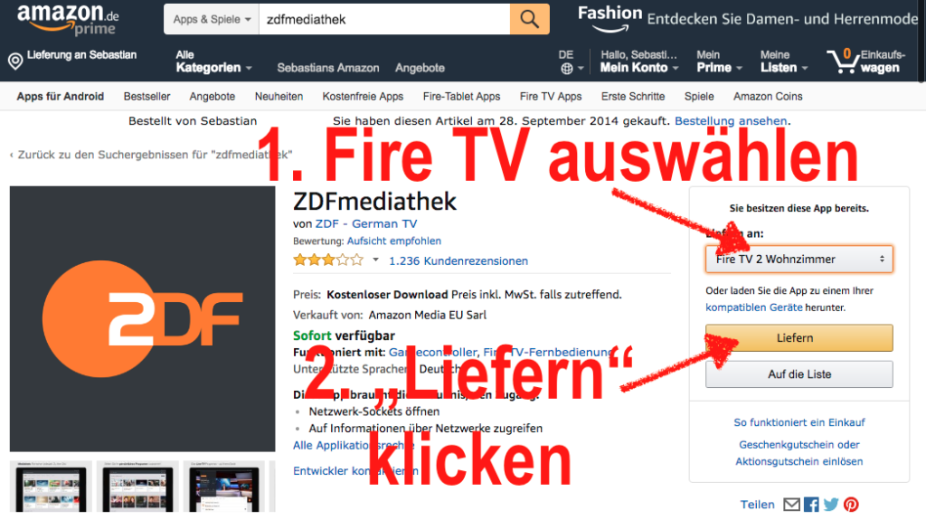 ZDFmediathek App installiert Ihr am einfachsten über die Amazon Webseite - dort wird sie dann direkt an Euer Fire TV geliefert