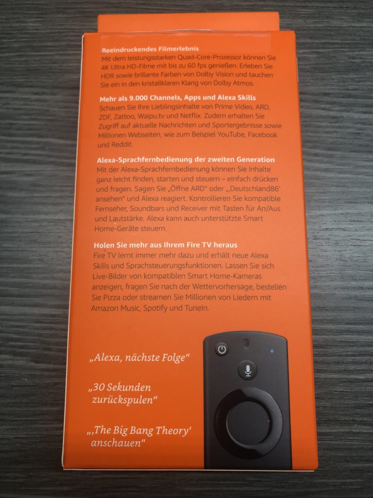 Die Rückseite der deutschen Verpackung des 4K Fire TV Stick 3