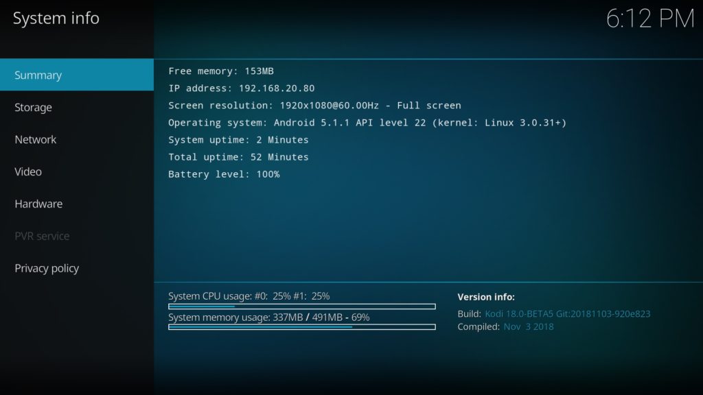 Kodi 18 Beta 5 auf einem Fire TV Stick 1 - läuft zwar etwas träge, aber immer noch ausreichend für die meisten Dinge.