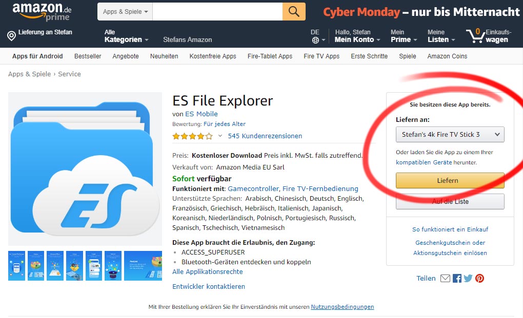 Auf der Amazon Website einfach das Fire TV auswählen, auf dass ihr den ES File Explorer installieren möchtet