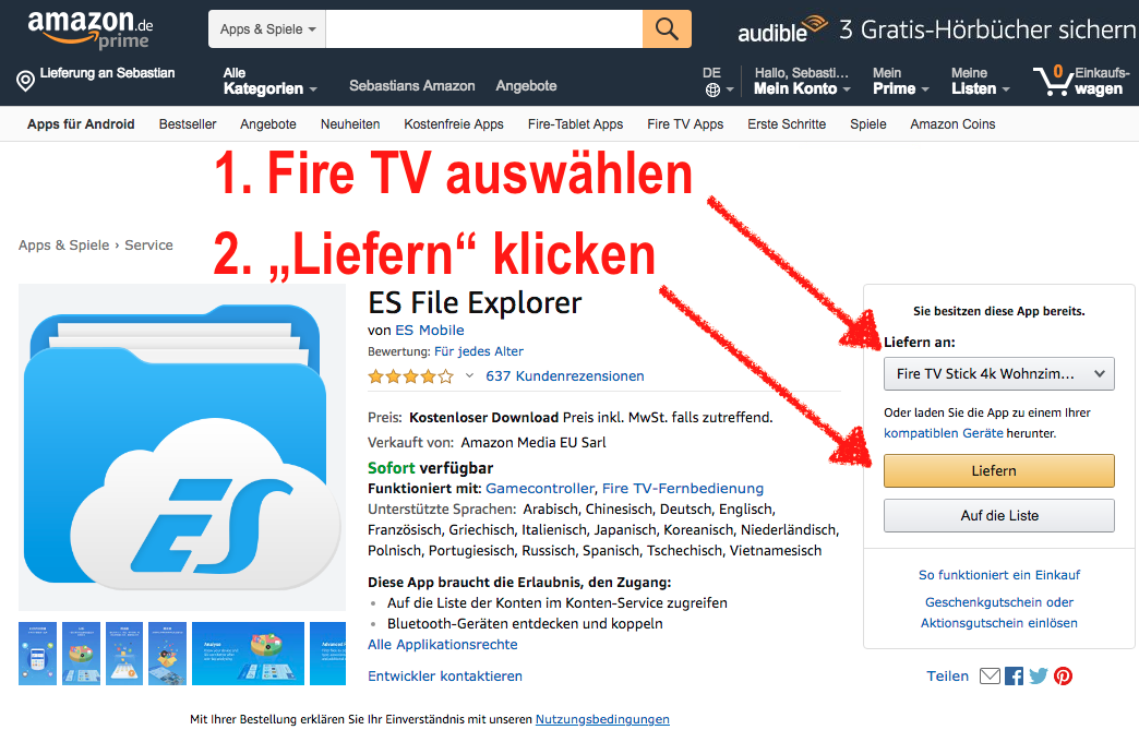 Den ES File Explorer installiert man am besten über die Amazon Webseite auf seinem Fire TV.