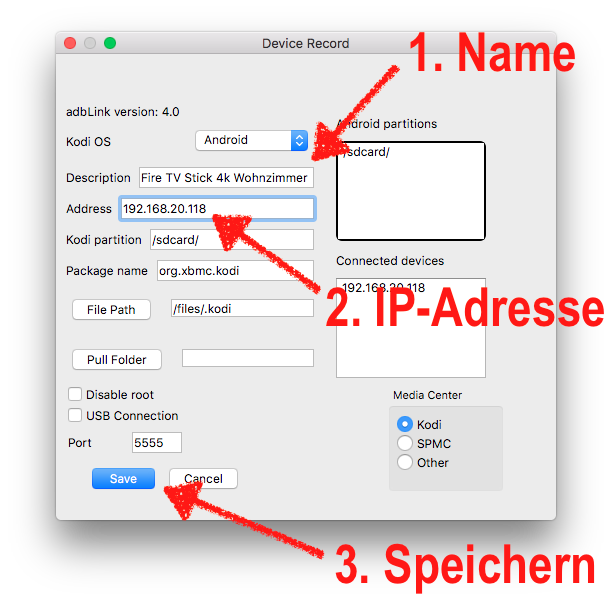 In adbLink müsst Ihr dann bei "Description" einen Namen eintragen, bei "Address" die IP-Adresse Eures Fire TVs und schließlich mit Klick auf "Save" alles speichern.