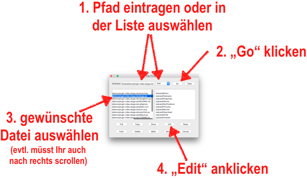 In adbLink müsst Ihr dann im linken Teil des Fensters die gewünschte Datei auswählen und anschließend unten auf "Edit" klicken.